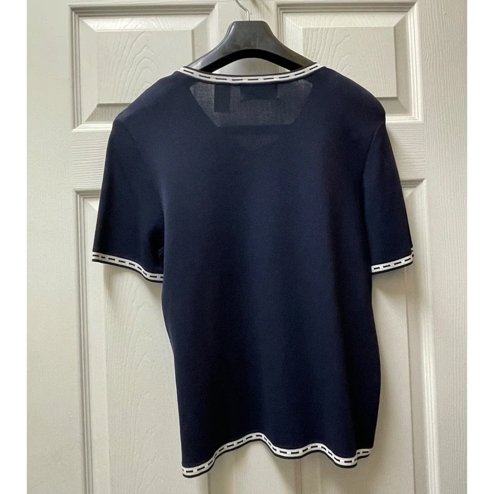 Alfred Dunner Womens Petite XLP Ribbon Trim V Neck Top Navy Blue Nautical Preppy